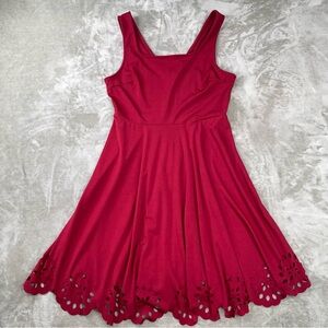 Red Skater Mini Dress Small Laser Cut Scalloped Hem Fit & Flare Holiday Party